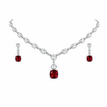 Elegant Ruby Red Cushion-Cut Crystal Necklace Set with Earrings